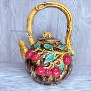Japanese Vintage Majolica 32 Ounce Teapot Applied cherrys Earthenware Ceramics